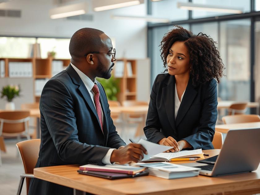 Profissional de advocacia conversando com mulher negra sobre discriminação no trabalho, imagem educativa.