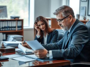 Como agir em caso de negativação indevida? Advogado revisando documentos com cliente preocupada em escritório moderno.