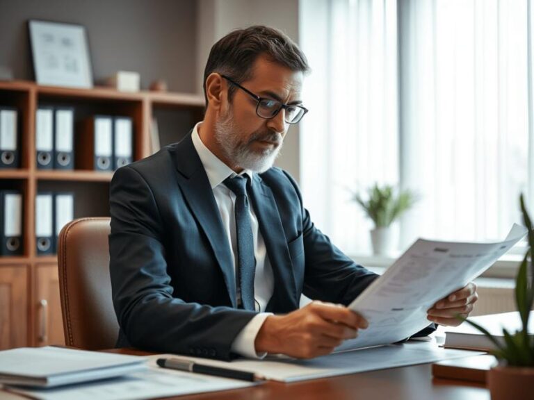 Cliente analisando auto de infração com advogado em escritório jurídico.