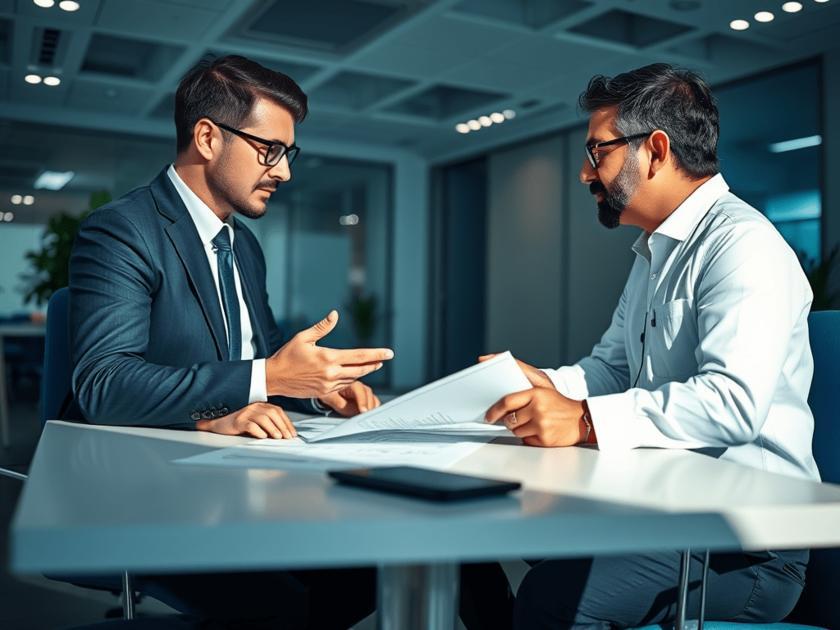 Advogado explicando cláusulas de contrato de locação a empresário, tema: Como elaborar um contrato de locação comercial?