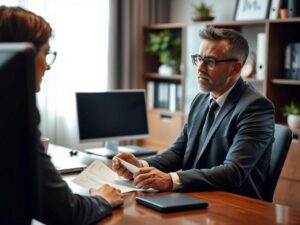 Cliente consultando advogado sobre fraudes imobiliárias para evitar golpes na compra de imóveis.