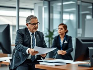 Advogado orientando empresário sobre o fechamento legal de sua empresa em escritório moderno.