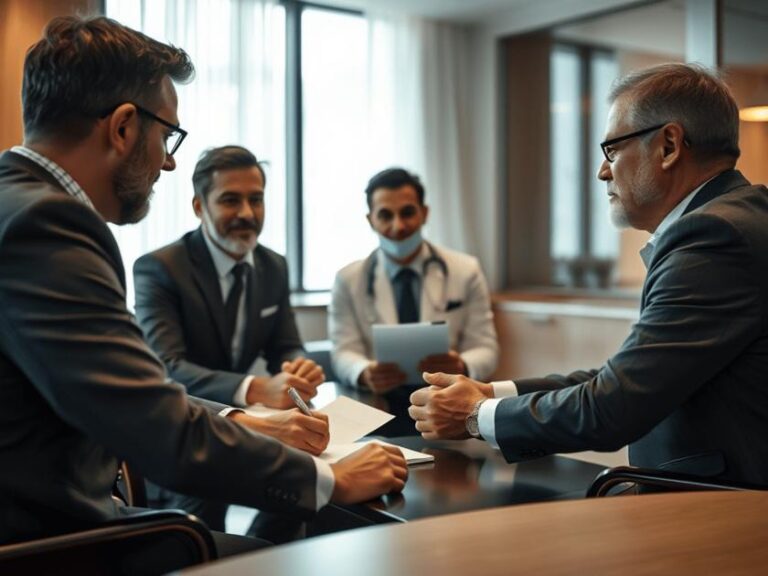 Sócio em reunião consultando advogado sobre alienação de cotas sociais em escritório moderno.