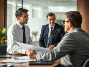 Cliente e consultor jurídico discutindo hipoteca de imóveis em escritório moderno.