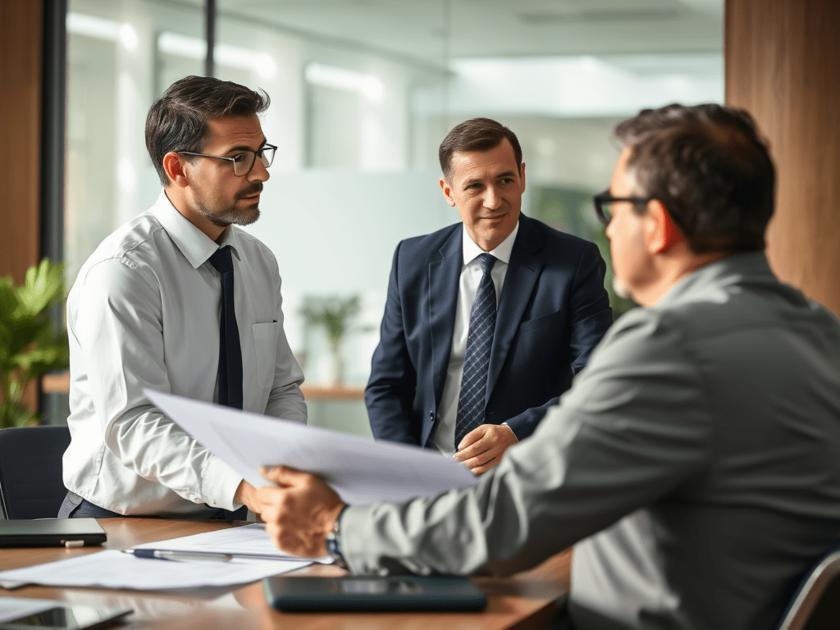 Cliente e consultor jurídico discutindo hipoteca de imóveis em escritório moderno.
