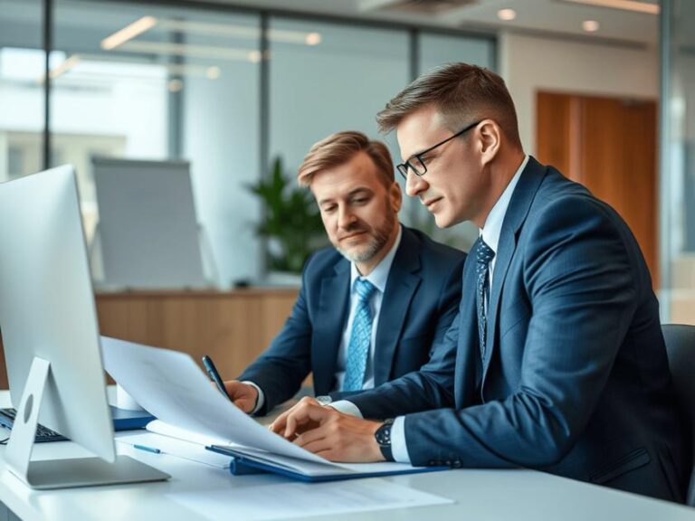 Como funciona a revisão contratual? Advogado auxiliando cliente empresarial em escritório moderno.