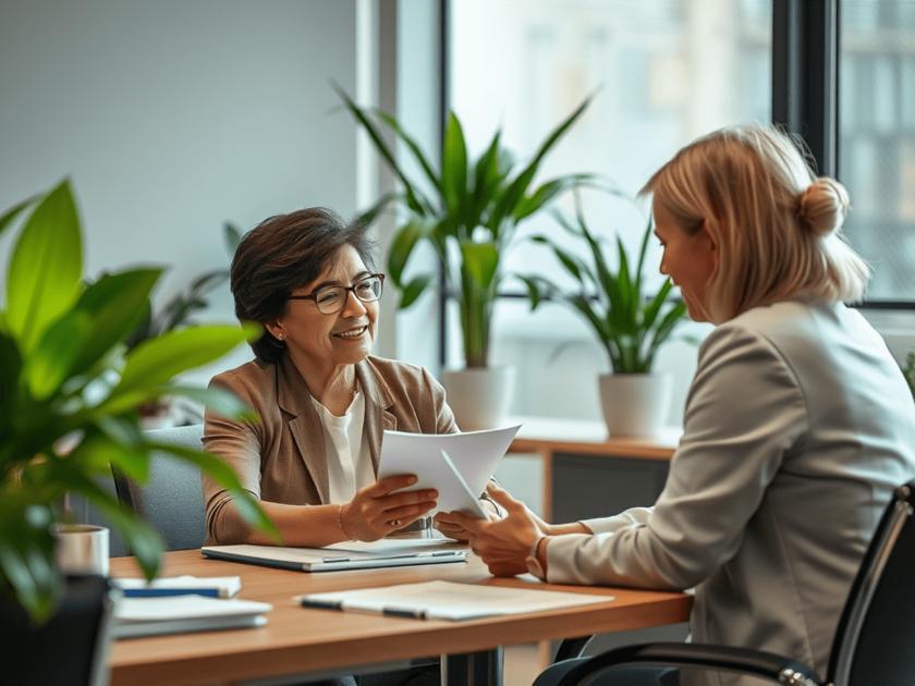 Mulher grávida consultando advogada em escritório moderno sobre salário-maternidade.