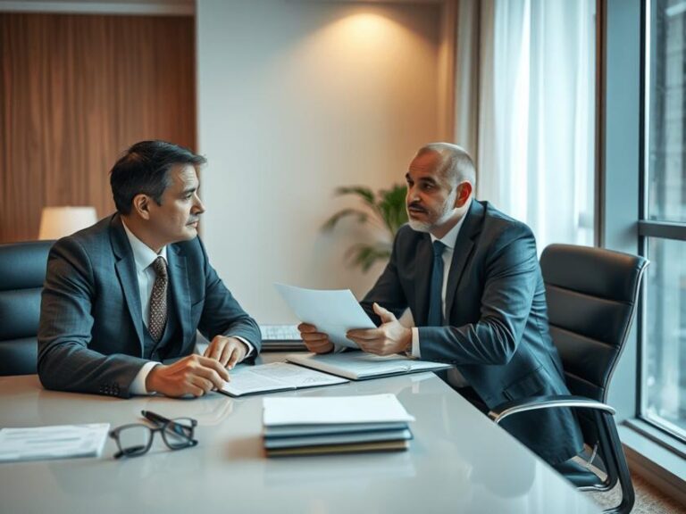 Advogado discutindo contrato de confidencialidade com empresário em escritório moderno.