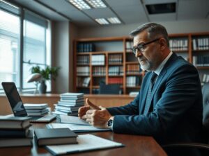 Advogado explicando a diferença entre impostos federais, estaduais e municipais em escritório moderno.