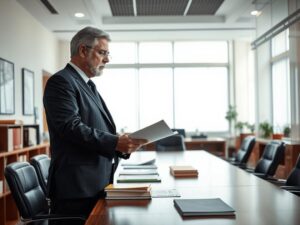 Advogado explicando direitos de herança a um casal diverso em um escritório jurídico moderno.