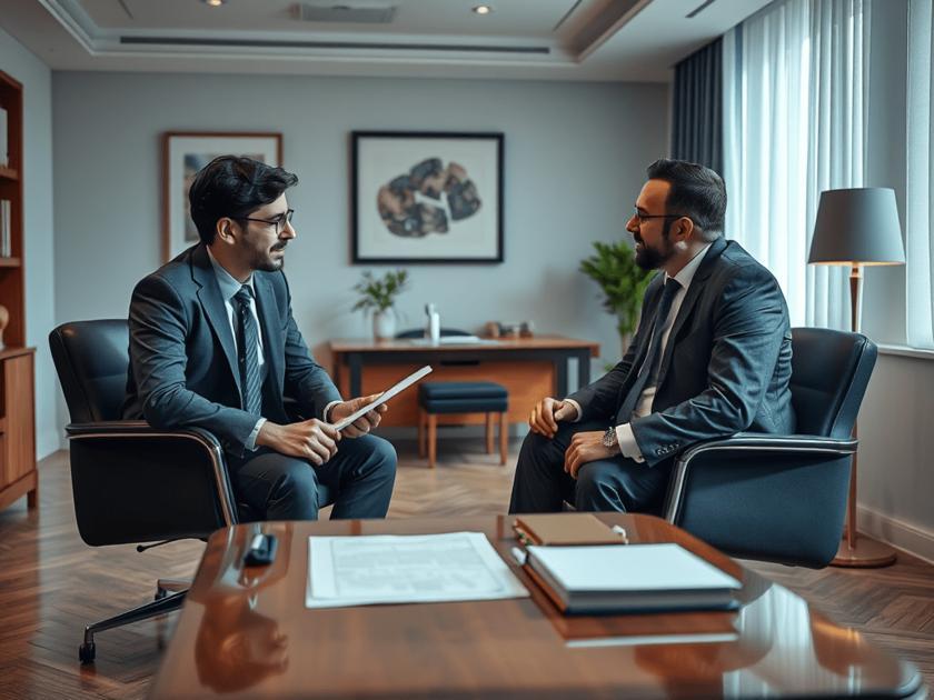 Locatário sentado com advogado discutindo contrato de aluguel em escritório, refletindo sobre os direitos locatários em contratos de aluguel.