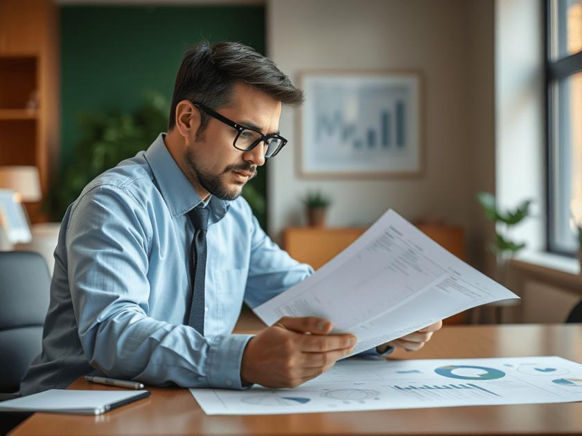 Empresário analisando documentos financeiros para evitar a falência em um escritório moderno.