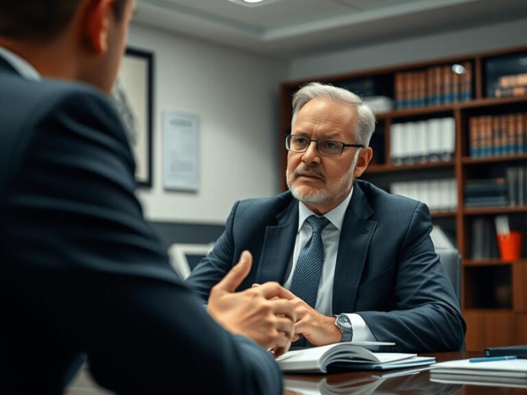 Advogado discutindo demissão por justa causa com cliente em escritório, refletindo o tema do artigo.