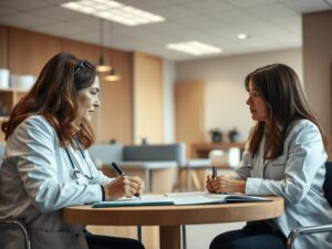 Pessoas discutindo sobre testamento e planejamento sucessório em escritório moderno, foco em testamento.