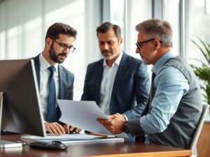 Ação de cobrança: advogado em reunião com empresário para discutir estratégias de cobrança.