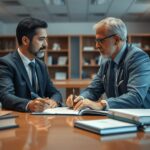 Aposentado consultando advogado sobre revisão de aposentadoria em escritório jurídico, assunto de direito previdenciário.