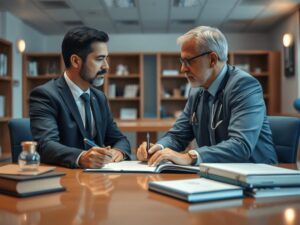 Aposentado consultando advogado sobre revisão de aposentadoria em escritório jurídico, assunto de direito previdenciário.