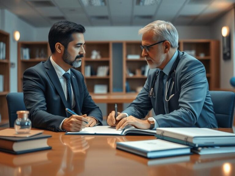 Aposentado consultando advogado sobre revisão de aposentadoria em escritório jurídico, assunto de direito previdenciário.