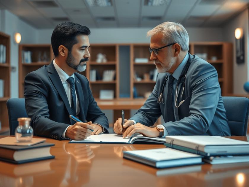 Aposentado consultando advogado sobre revisão de aposentadoria em escritório jurídico, assunto de direito previdenciário.