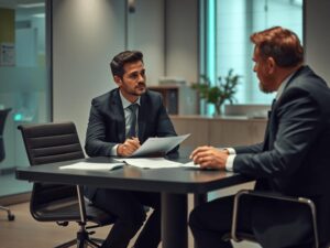 Trabalhador intermitente em reunião com advogado, explorando direitos e deveres, em ambiente de escritório moderno.