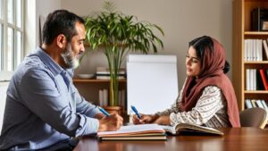 Gestante recebendo orientação jurídica sobre benefícios do INSS em escritório moderno.