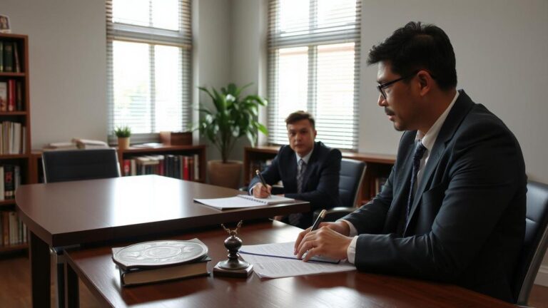 Advogado explicando sobre vício de consentimento para cliente jovem em escritório jurídico.