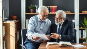 Advogado orientando cliente idoso sobre aposentadoria por idade em escritório moderno.