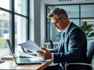 Executivo analisando documentos com advogado em ambiente moderno para o artigo sobre governança corporativa.