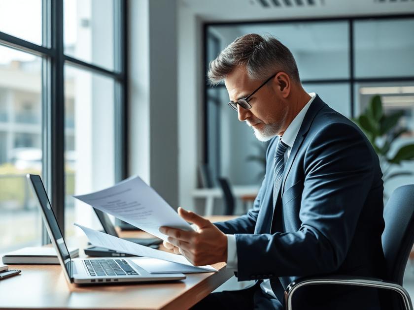 Executivo analisando documentos com advogado em ambiente moderno para o artigo sobre governança corporativa.