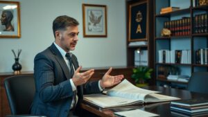 Advogado explicando o conceito de laudêmio a casal de compradores de imóvel em escritório moderno.