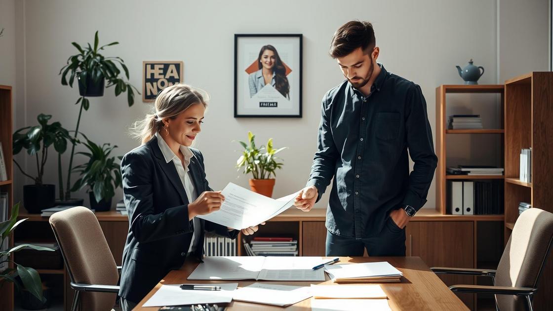 Profissional de arquitetura e cliente jovem revisando memorial descritivo de imóvel em um escritório moderno.