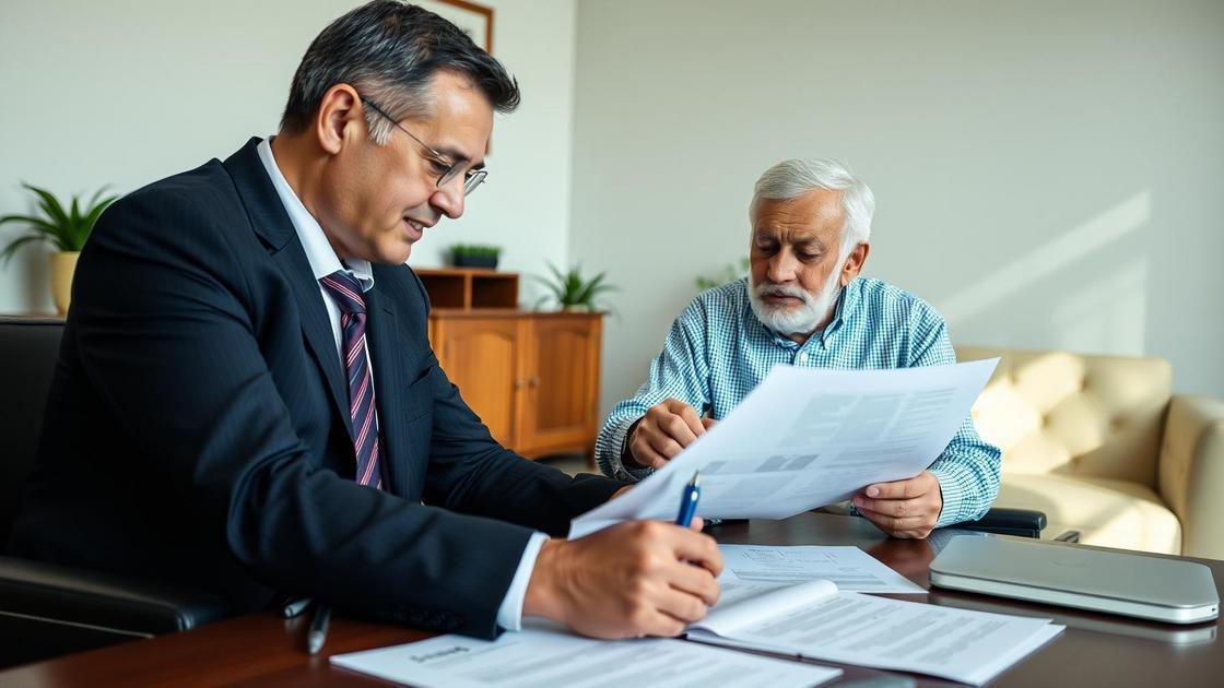 Advogado revisando contrato com cliente idoso, destacando a importância de entender o mandato e sua revogação