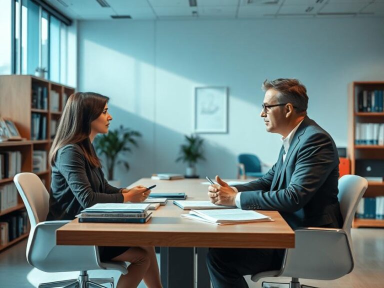 Consulta entre cliente e advogado em escritório sobre usucapião e regularização de imóvel.