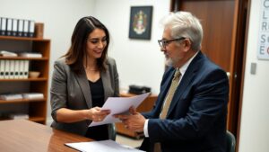 Dependente do INSS recebendo assistência de advogado em um escritório jurídico sobre pensão por morte: regras e requisitos.