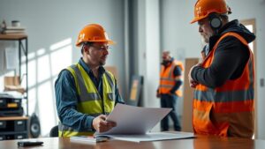 Trabalhador de mineração discutindo aposentadoria especial com advogado em escritório com equipamentos de segurança.