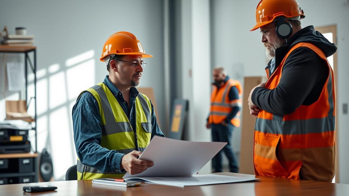 Trabalhador de mineração discutindo aposentadoria especial com advogado em escritório com equipamentos de segurança.