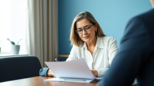 Jovem mulher com deficiência auditiva recebe orientação de advogado sobre benefícios do INSS em escritório moderno.