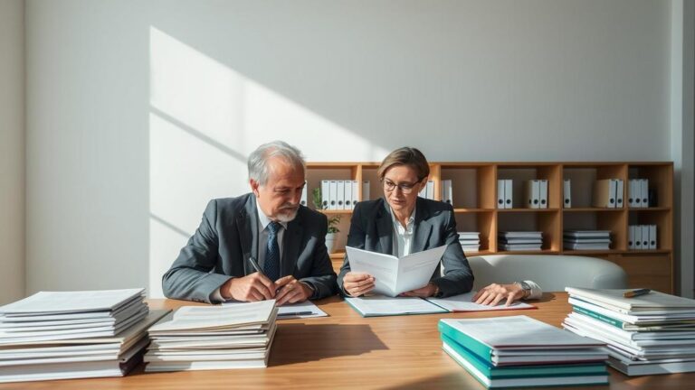 Cliente no escritório com advogado reunindo documentos para comprovar tempo de trabalho no INSS.
