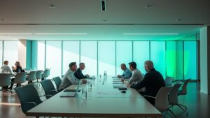 Sócios discutindo acordos em reunião sobre como evitar litígios entre sócios em sala de conferências.