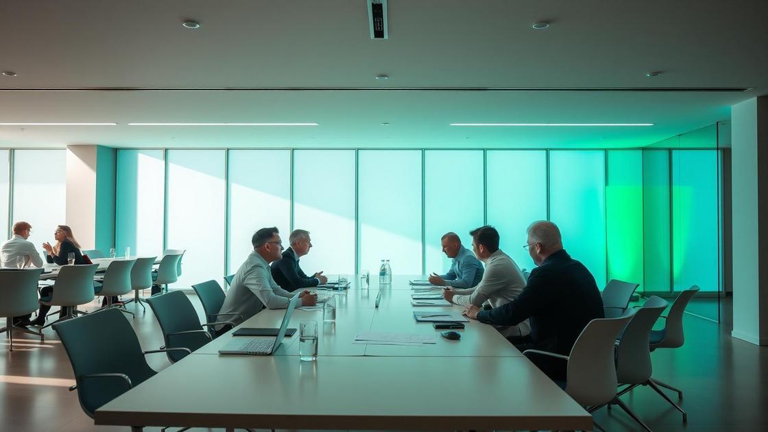 Sócios discutindo acordos em reunião sobre como evitar litígios entre sócios em sala de conferências.