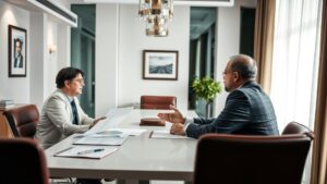 Advogado e empresário discutindo cláusula de arbitragem em escritório, tema 'Como funciona a arbitragem empresarial?'.