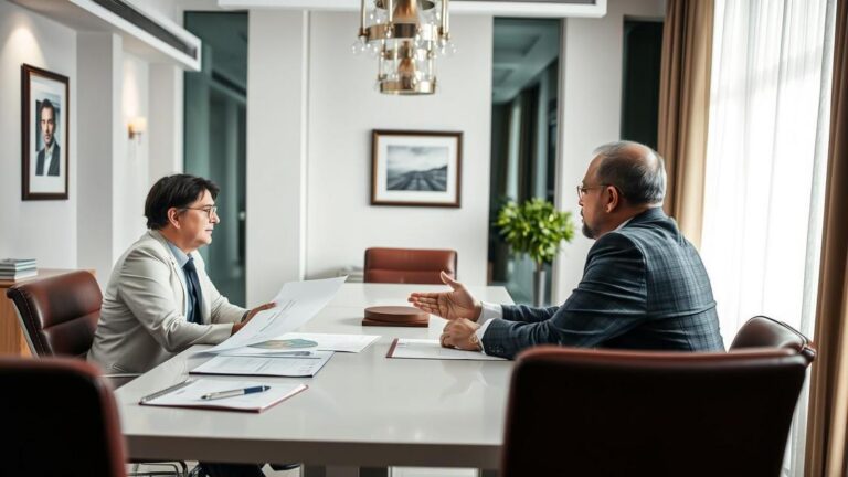 Advogado e empresário discutindo cláusula de arbitragem em escritório, tema 'Como funciona a arbitragem empresarial?'.