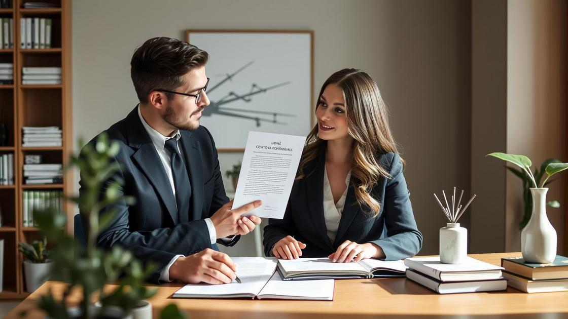 Advogado apresentando documentos de cessão de direitos contratuais para cliente em escritório.