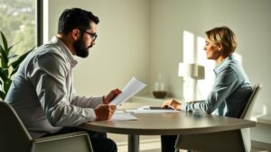 Como funciona a mediação em conflitos civis? Mediador orientando duas partes em sala de mediação moderna.