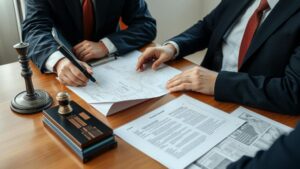 Advogado explicando tributação de lucros no exterior a empresário brasileiro em escritório moderno com documentos.