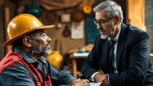 Trabalhador rural e advogado discutindo a diferença entre aposentadoria por idade urbana e rural, em escritório com ambiente rústico.