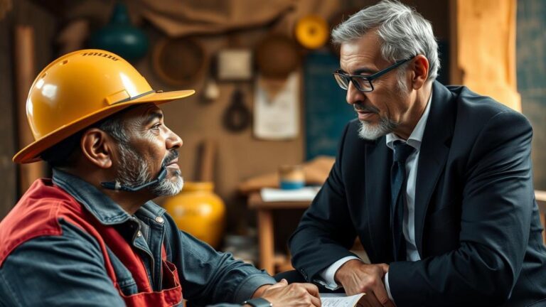 Trabalhador rural e advogado discutindo a diferença entre aposentadoria por idade urbana e rural, em escritório com ambiente rústico.