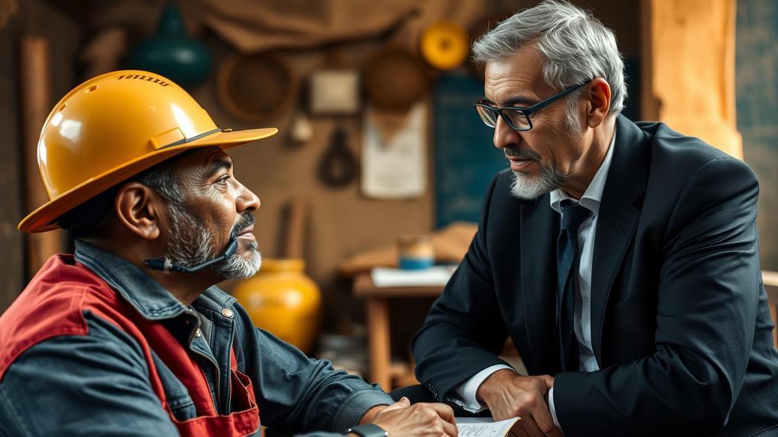 Trabalhador rural e advogado discutindo a diferença entre aposentadoria por idade urbana e rural, em escritório com ambiente rústico.