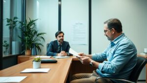 Consumidor fazendo reclamação em escritório, abordando seus direitos e proteção.