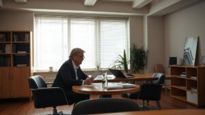 Cliente de meia idade consultando advogado sobre direitos de férias em escritório moderno.